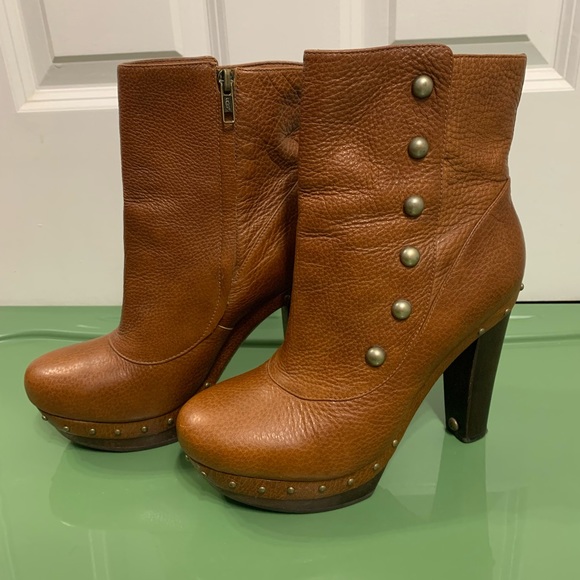 UGG Shoes - UGG Australia Cosima Mid Brown Leather Stud Ankle Platform Heel Boots Size 9.5